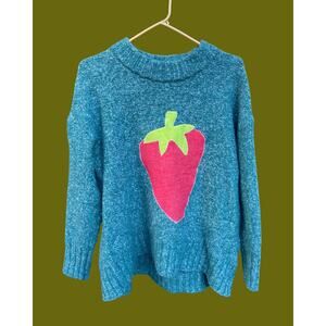 Small Upcycled Blue Knit Strawberry Applique Sweater
